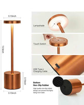 LumiHikari Scandinavian Lamp in copper finish with touch switch, USB-C charging, adjustable lampshade, and non-slip rubber base.