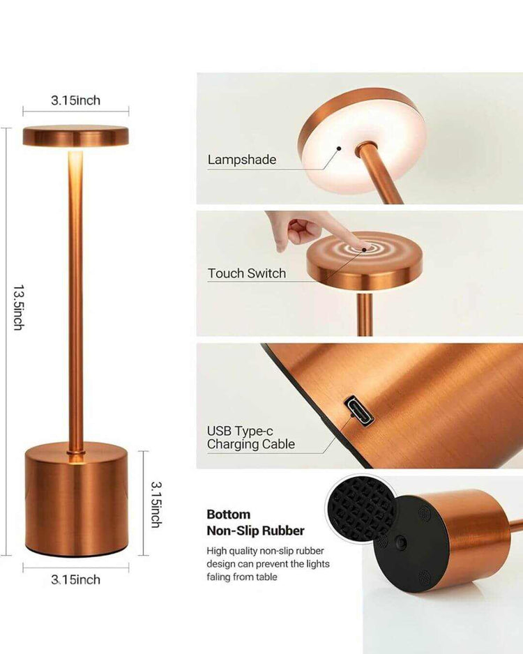LumiHikari Scandinavian Lamp in copper finish with touch switch, USB-C charging, adjustable lampshade, and non-slip rubber base.