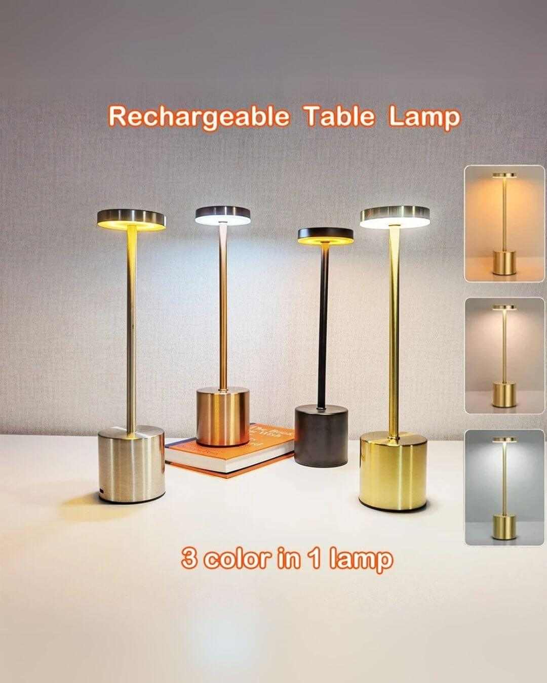 LumiHikari Scandinavian rechargeable table lamp with minimalist design in gold, black, silver, and rose gold finishes, featuring three color temperature modes and touch control.