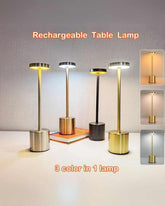 LumiHikari Scandinavian rechargeable table lamp with minimalist design in gold, black, silver, and rose gold finishes, featuring three color temperature modes and touch control.