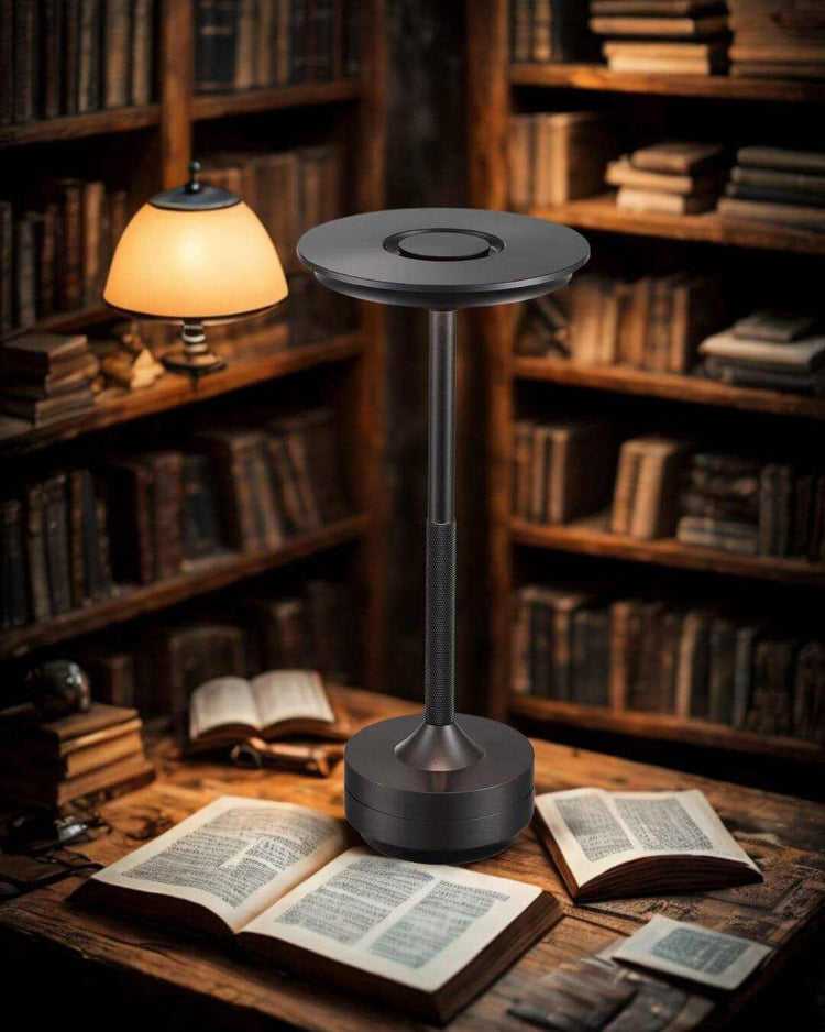 LumiHikari Base Lamp with sleek brushed metal design providing ambient dimmable lighting for reading spaces.