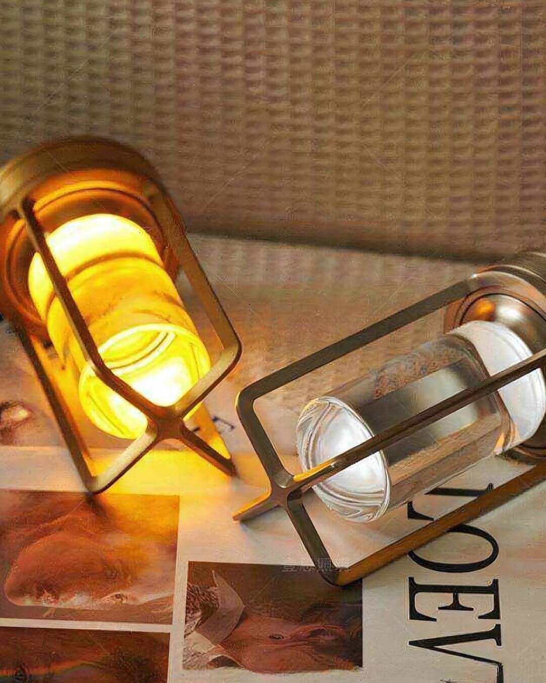 LumiHikari Crystal Lantern Lamp with faceted glass body emitting warm glowing light, showcasing minimalist metal frame design.