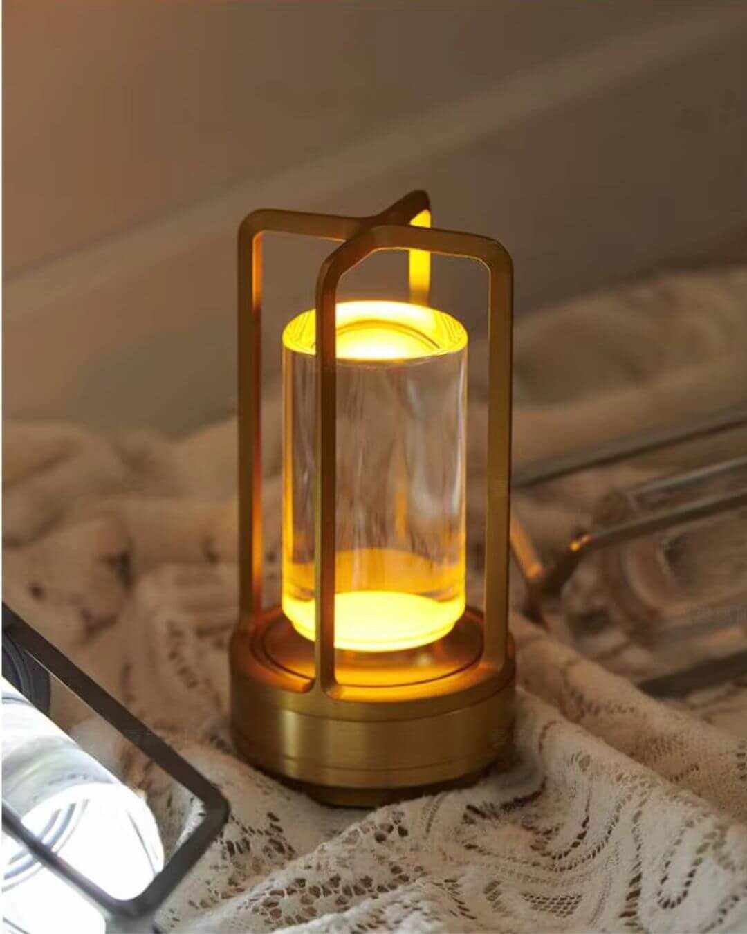 LumiHikari Crystal Lantern Lamp with warm glowing faceted crystal and minimalist golden frame illuminating bedside ambiance