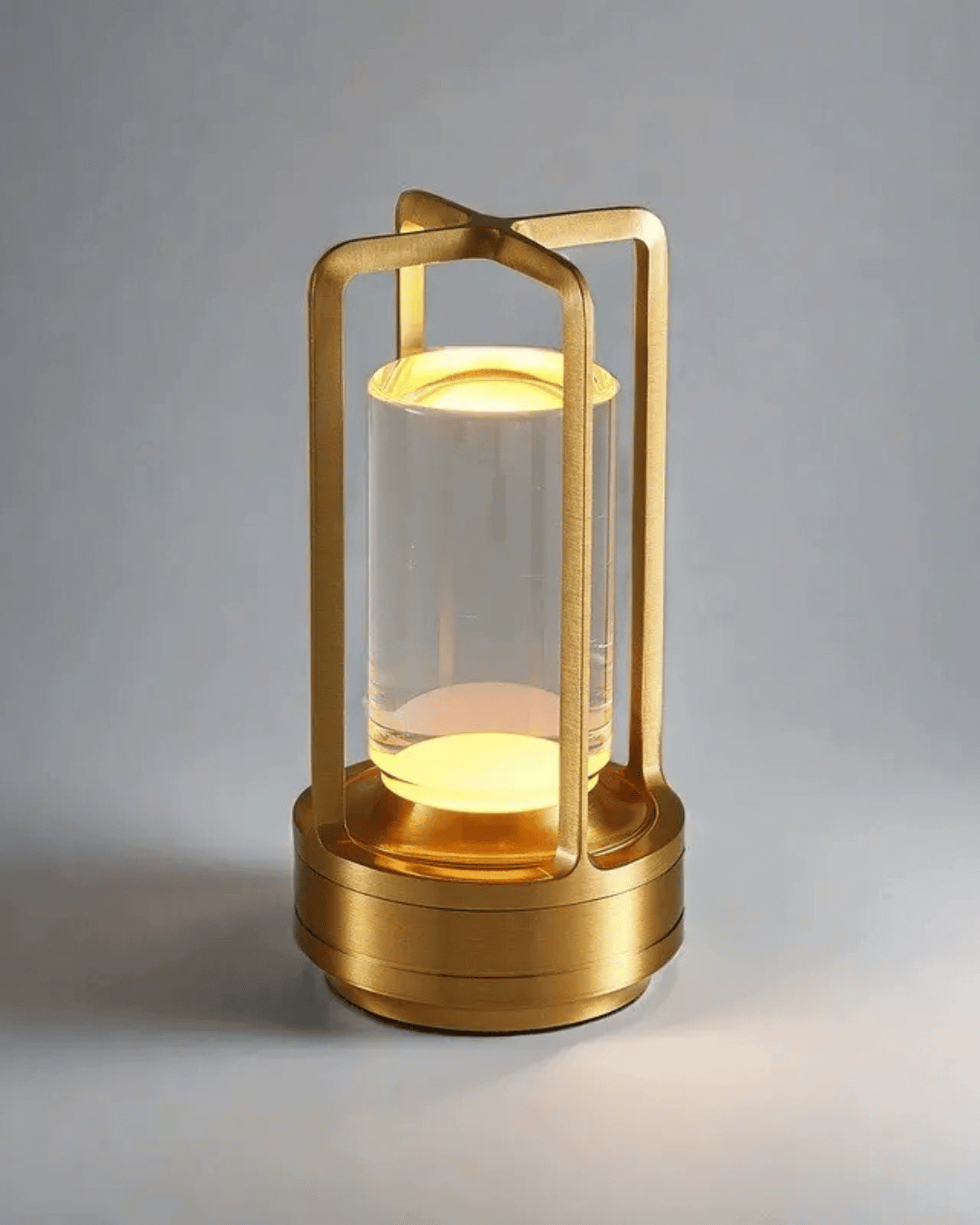 LumiHikari Crystal Lantern Lamp with faceted crystal body, gold aviation-grade aluminum frame, soft glowing light, cordless USB-C rechargeable, minimalist Japanese-inspired design.