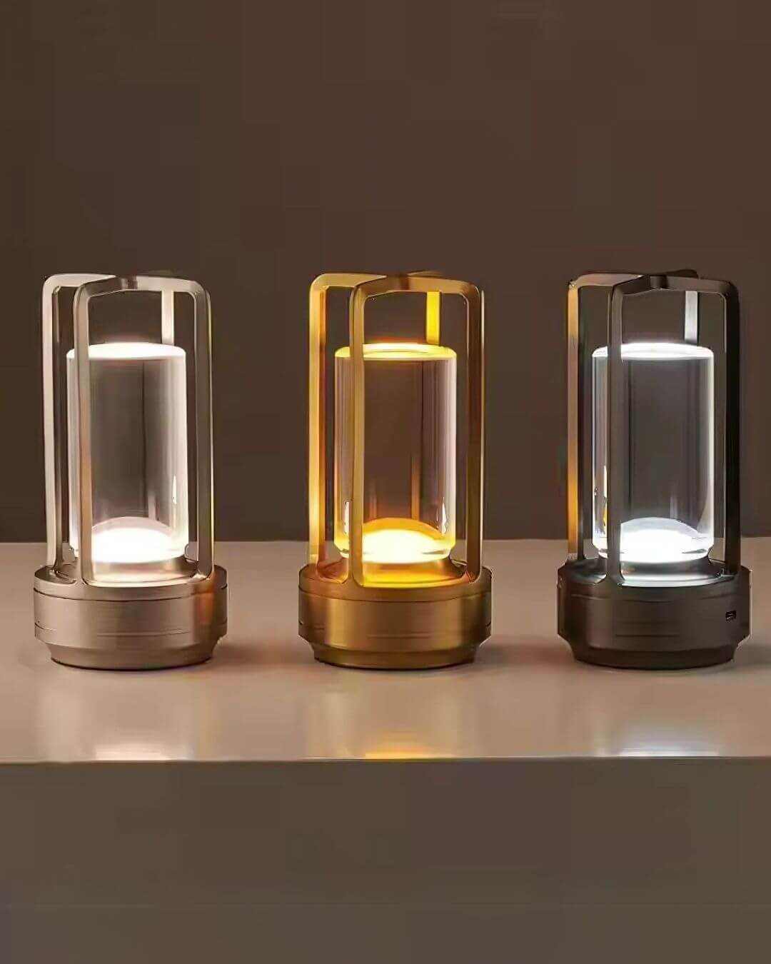 Three LumiHikari Crystal Lantern Lamp in cool white, warm white, and neutral blend light modes on a flat surface