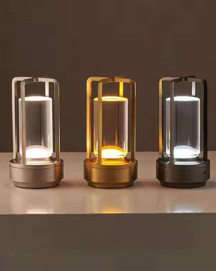Three LumiHikari Crystal Lantern Lamp in cool white, warm white, and neutral blend light modes on a flat surface
